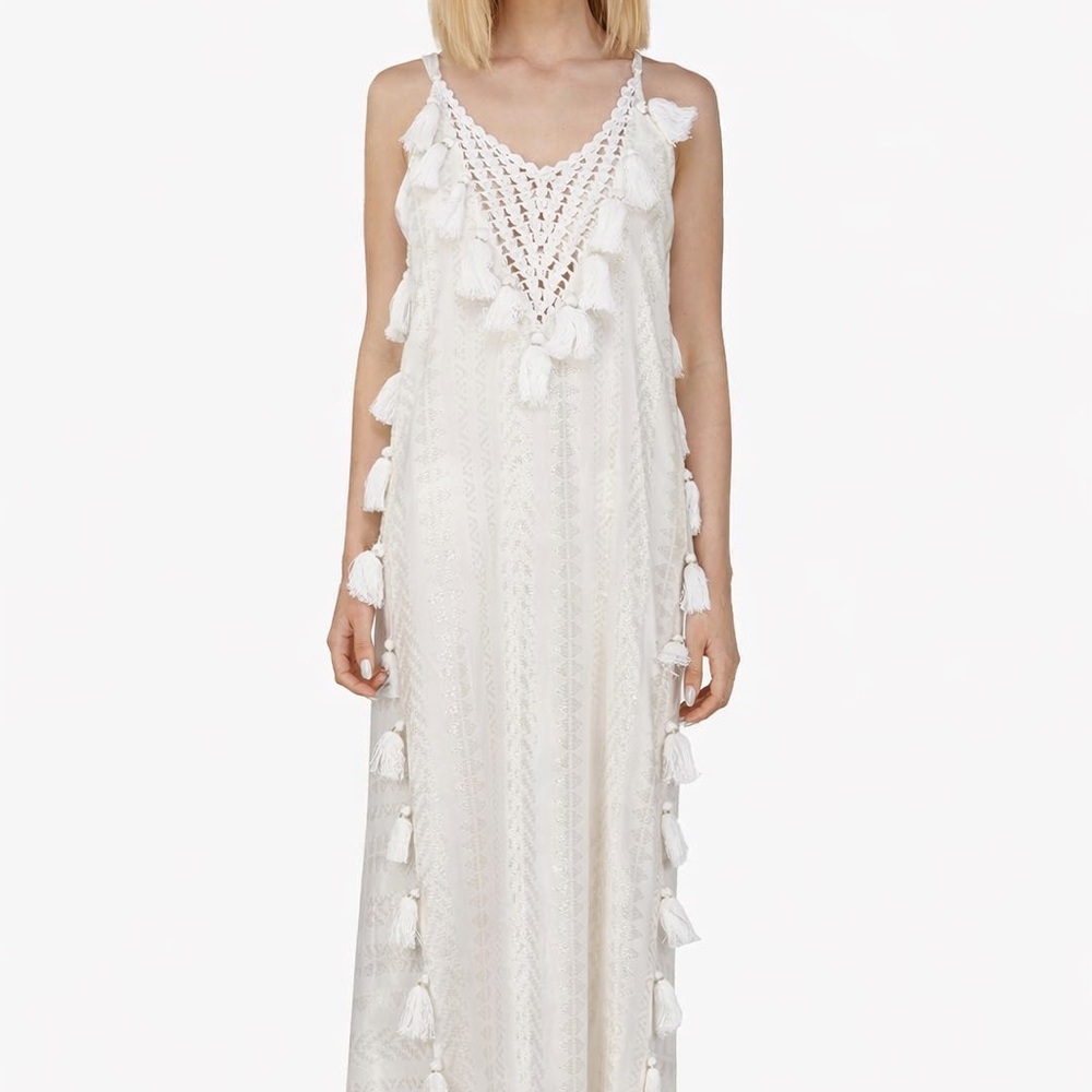 NWT America & Beyond Ivory Boho Tassel Maxi Dress Small Resort
